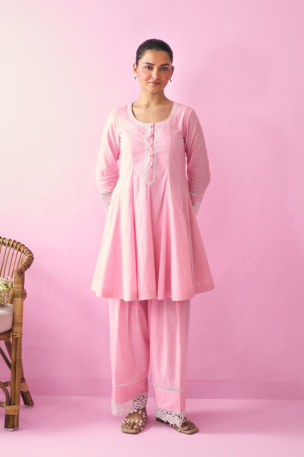Summer Essentials 26 Pink Solid Short Anarkali With Farshi Salwar And Floral Print Dupatta ( Set Of 3 ) - Ready to ship