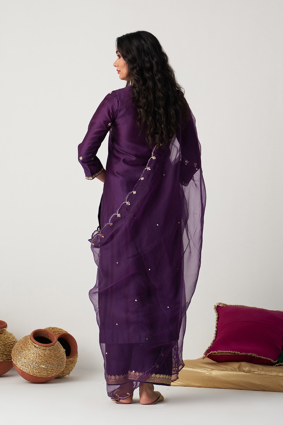 Pakeezah deep purple hand  embroidered kurta with  palazzo and  dupatta (set  of 3) - Ready to ship