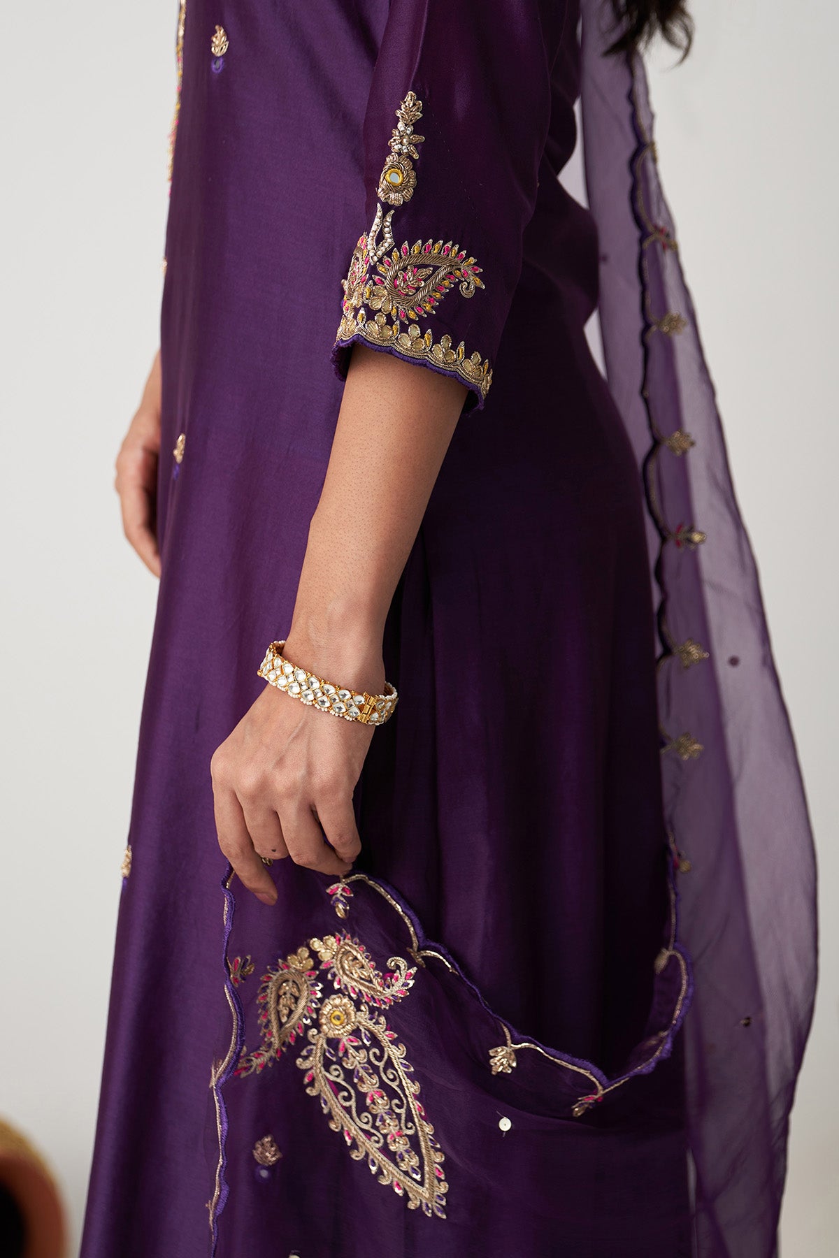 Pakeezah deep purple hand  embroidered kurta with  palazzo and  dupatta (set  of 3) - Ready to ship