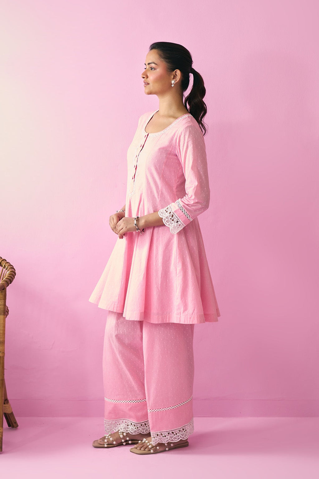 Summer Essentials 26 Pink Solid Short Anarkali With Farshi Salwar And Floral Print Dupatta ( Set Of 3 ) - Ready to ship