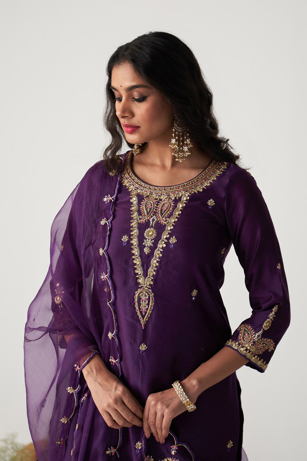 Pakeezah deep purple hand  embroidered kurta with  palazzo and  dupatta (set  of 3) - Ready to ship