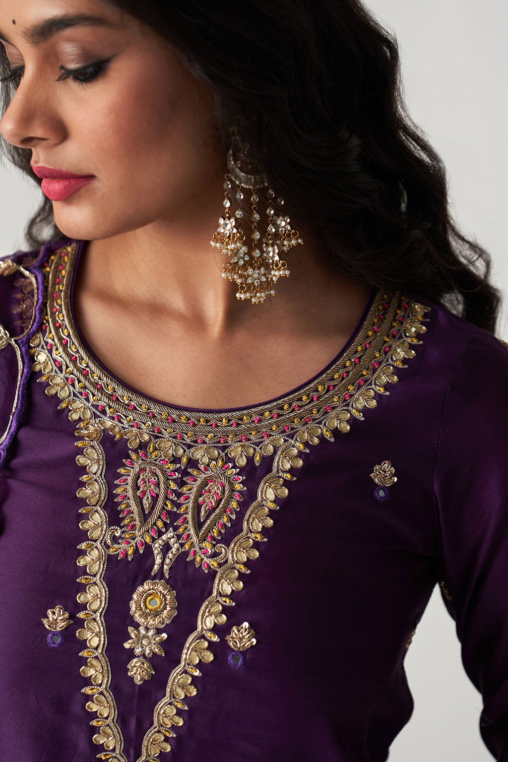 Pakeezah deep purple hand  embroidered kurta with  palazzo and  dupatta (set  of 3) - Ready to ship
