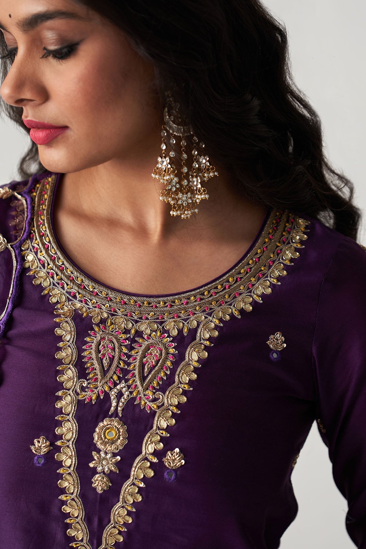 Pakeezah deep purple hand  embroidered kurta with  palazzo and  dupatta (set  of 3) - Ready to ship
