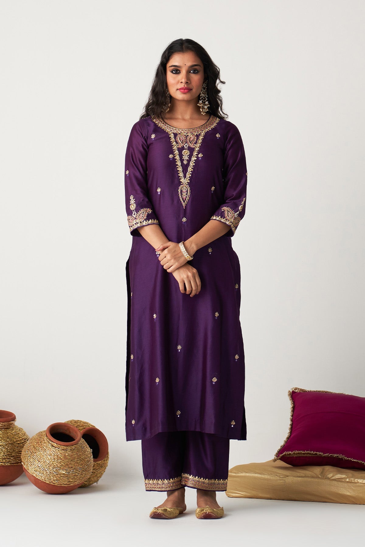 Pakeezah deep purple hand  embroidered kurta with  palazzo and  dupatta (set  of 3) - Ready to ship
