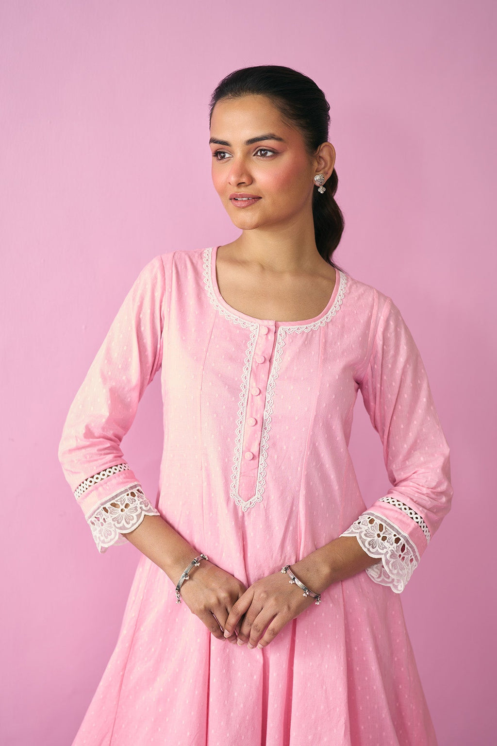 Summer Essentials 26 Pink Solid Short Anarkali With Farshi Salwar And Floral Print Dupatta ( Set Of 3 ) - Ready to ship