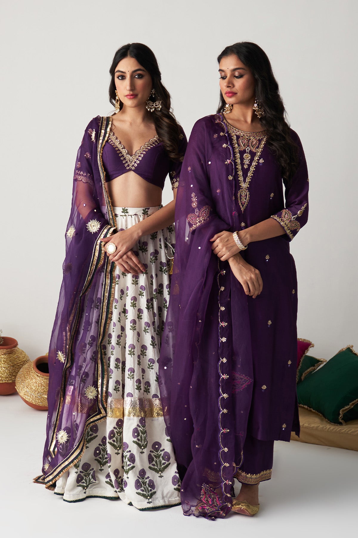 Pakeezah deep purple hand  embroidered kurta with  palazzo and  dupatta (set  of 3) - Ready to ship