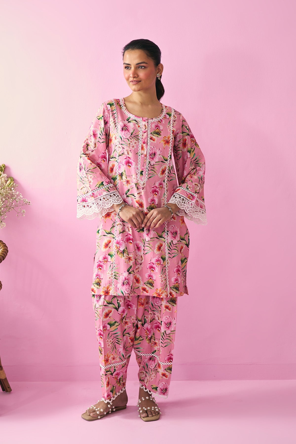 Summer Essentials 26 Peach Floral Co- Ord Set (Set Of 2 ) - Ready to ship