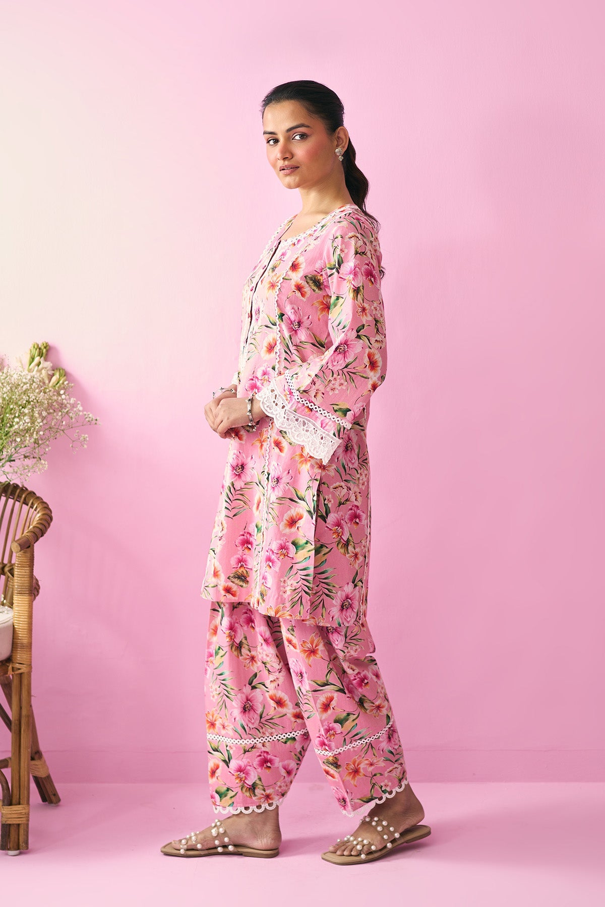 Summer Essentials 26 Peach Floral Co- Ord Set (Set Of 2 ) - Ready to ship