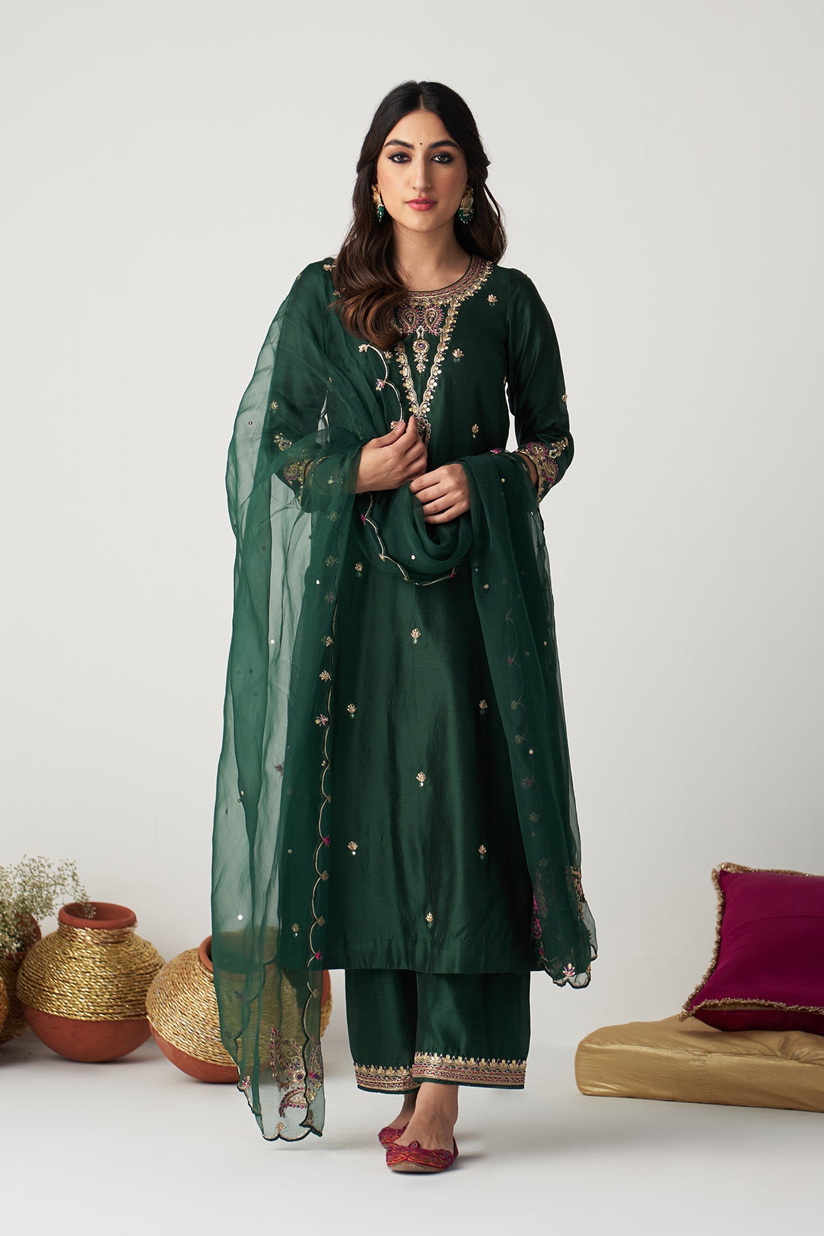 Pakeezah green hand  embroidered kurta with  palazzo and  dupatta (set  of 3) - Ready to ship