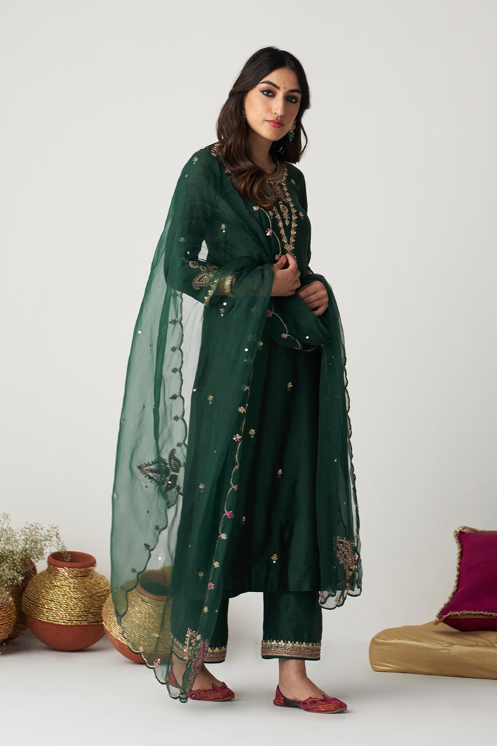 Pakeezah green hand  embroidered kurta with  palazzo and  dupatta (set  of 3) - Ready to ship