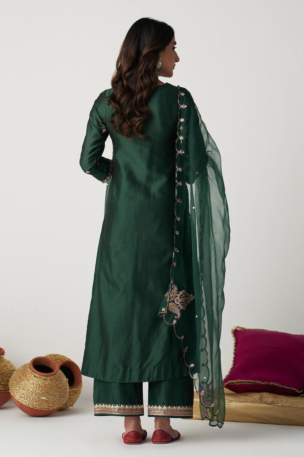 Pakeezah green hand  embroidered kurta with  palazzo and  dupatta (set  of 3) - Ready to ship