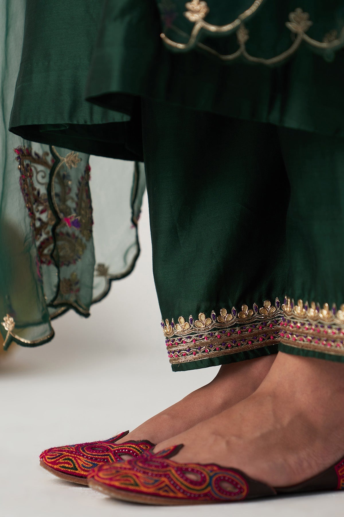 Pakeezah green hand  embroidered kurta with  palazzo and  dupatta (set  of 3) - Ready to ship