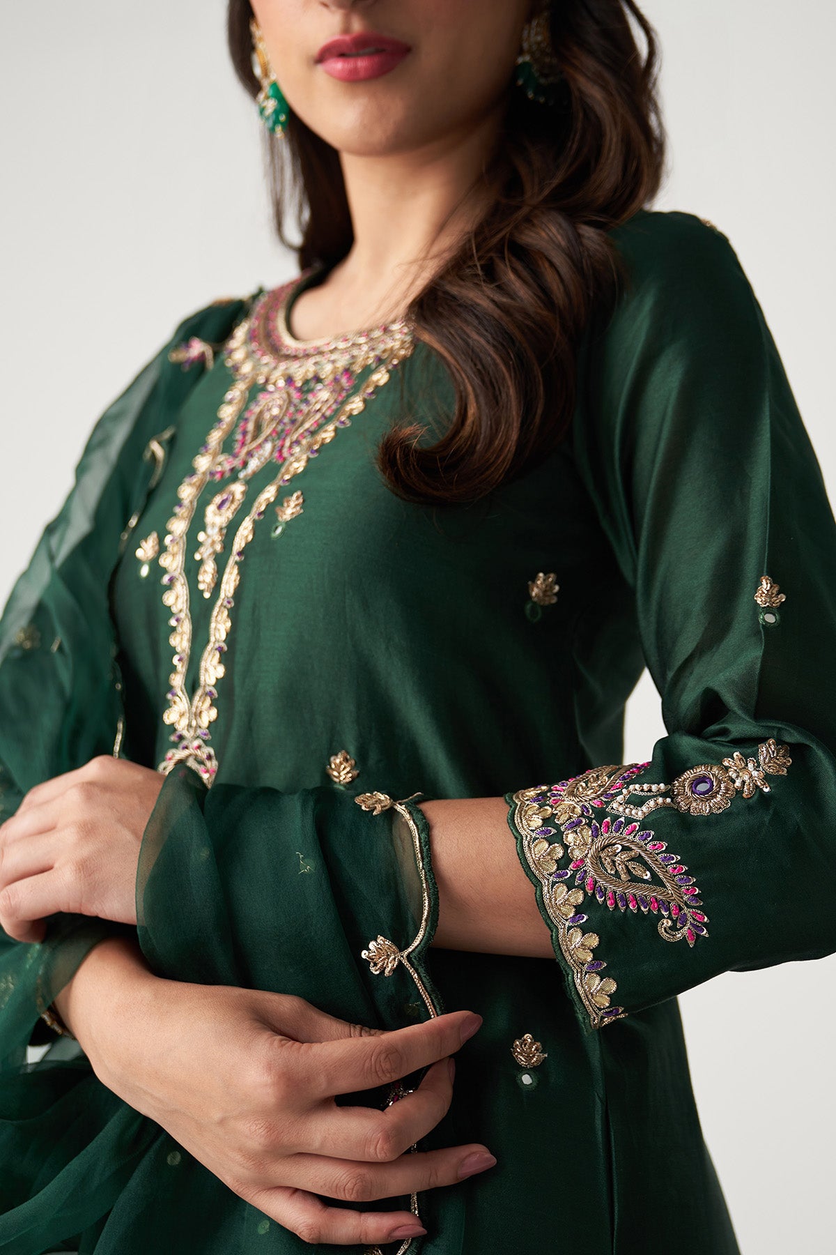 Pakeezah green hand  embroidered kurta with  palazzo and  dupatta (set  of 3) - Ready to ship