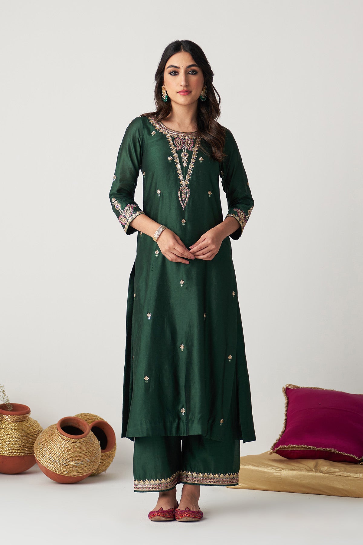 Pakeezah green hand  embroidered kurta with  palazzo and  dupatta (set  of 3) - Ready to ship