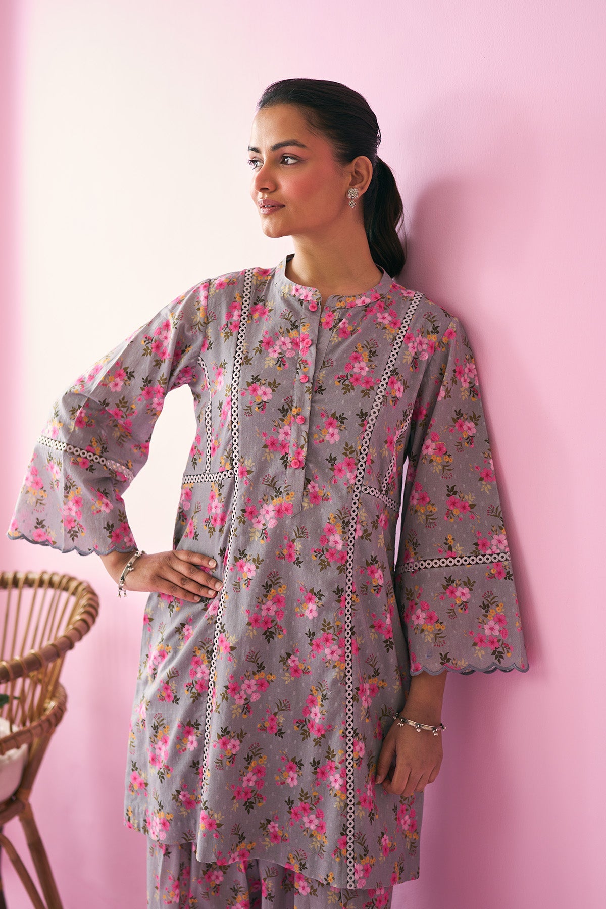 Summer Essentials 26 Grey Floral Co-Ord Set ( Set Of 2 ) - Ready to ship