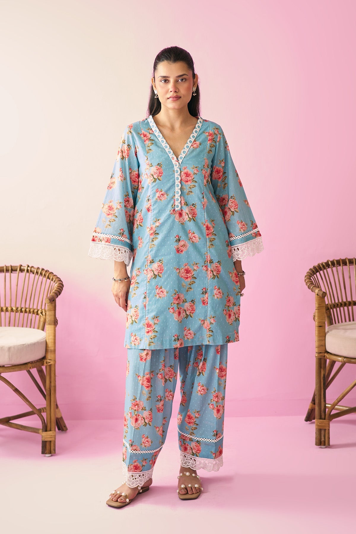 Summer Essentials 26 Turqoise Floral Co- Ord Set ( Set Of 2 ) - Ready to ship