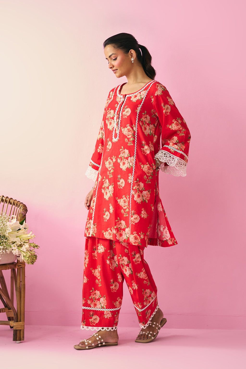Summer Essentials 26 Red Floral Co-Ord Set (Set Of 2 ) - Ready to ship