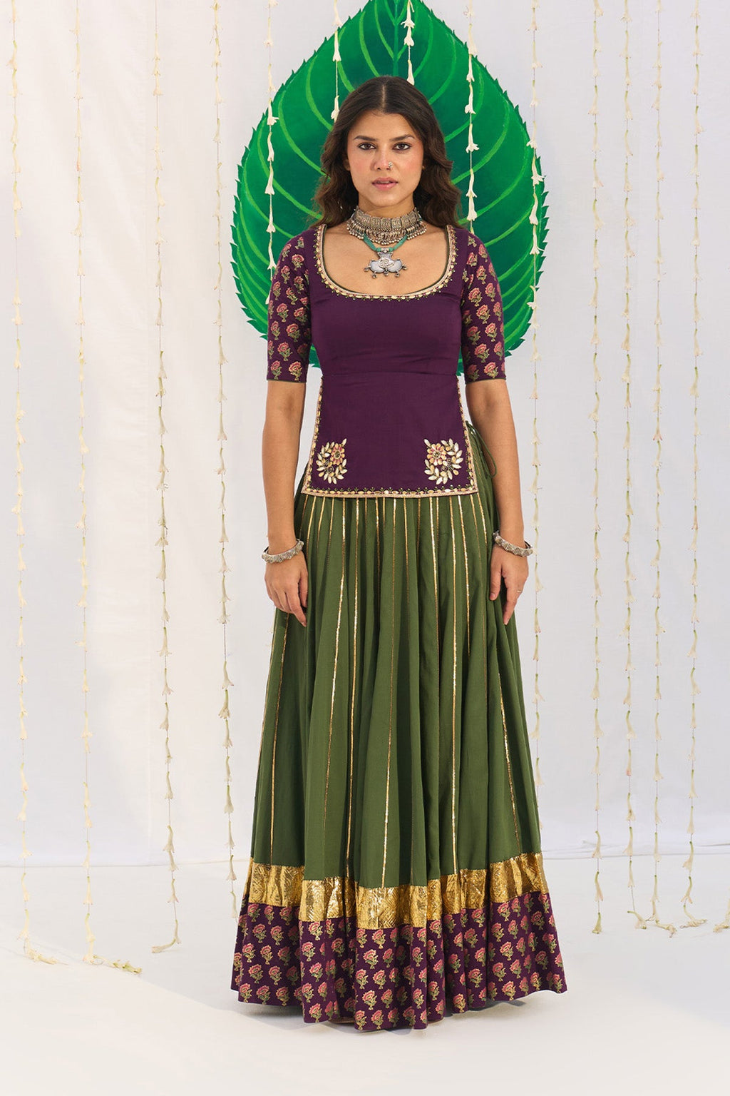 Jameela Olive Green Lehenga with Wine Choli and Dupatta (set of 3) - Ready to ship