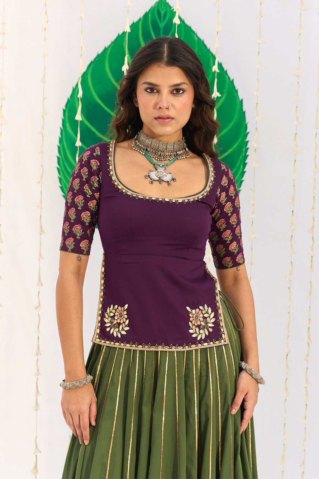 Jameela Olive Green Lehenga with Wine Choli and Dupatta (set of 3) - Ready to ship