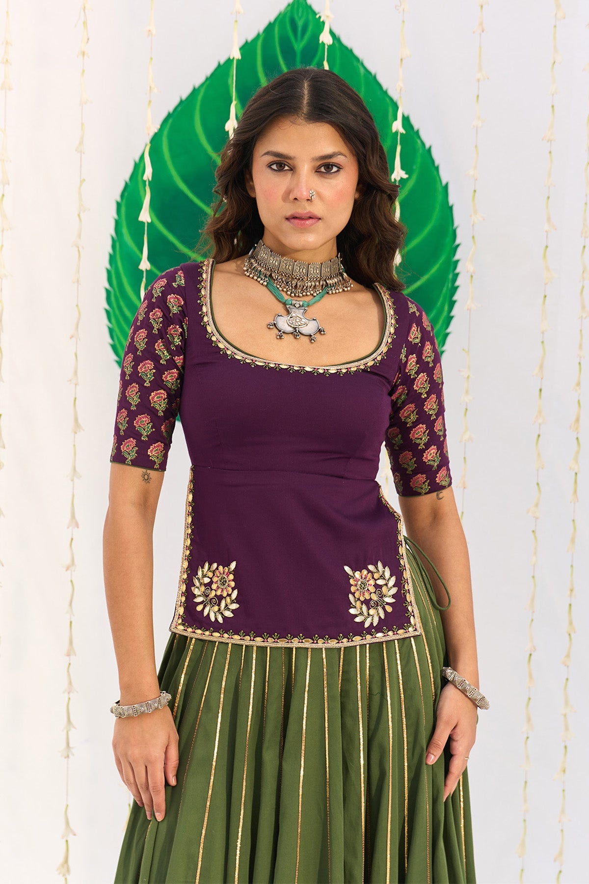 Jameela Olive Green Lehenga with Wine Choli and Dupatta (set of 3) - Ready to ship