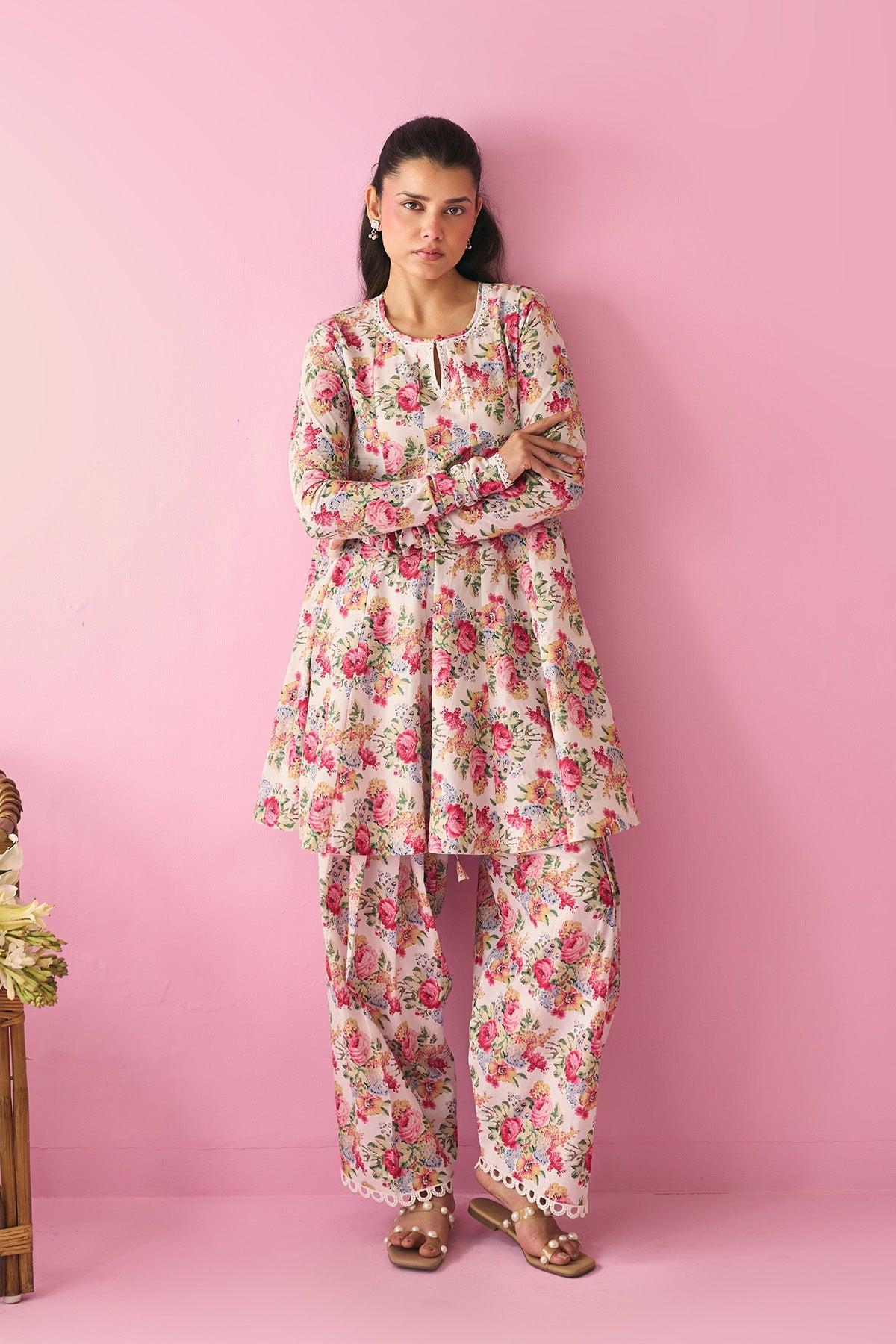 Summer Essentials 26 Kora Multi Flower Printed Off White Short Anarkali With Farshi Salwar And Dupatta ( Set Of 3 ) - Ready to ship