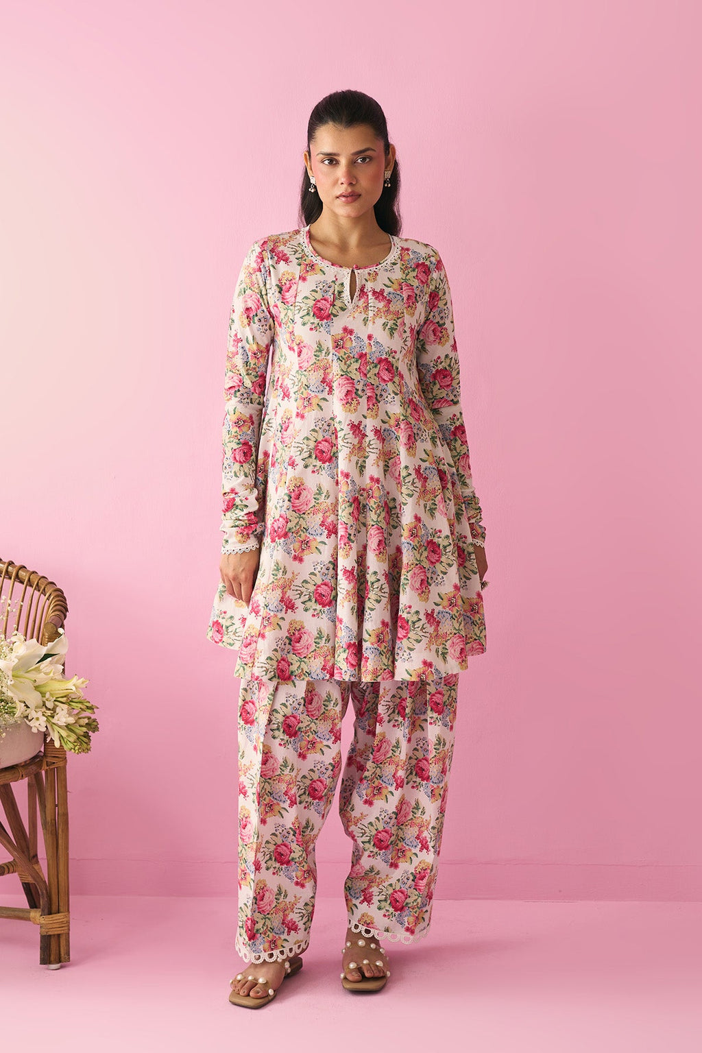 Summer Essentials 26 Kora Multi Flower Printed Off White Short Anarkali With Farshi Salwar And Dupatta ( Set Of 3 ) - Ready to ship