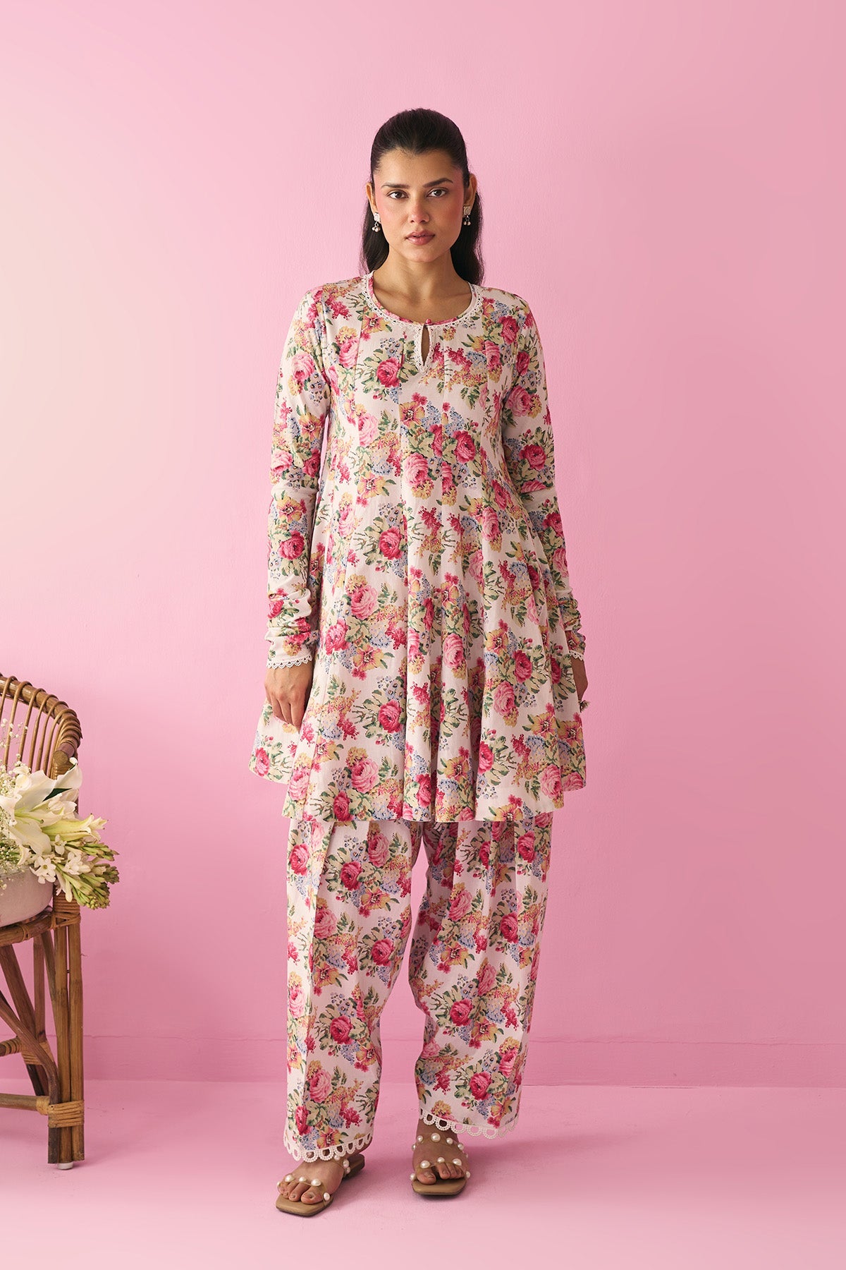 Summer Essentials 26 Kora Multi Flower Printed Off White Short Anarkali With Farshi Salwar And Dupatta ( Set Of 3 ) - Ready to ship