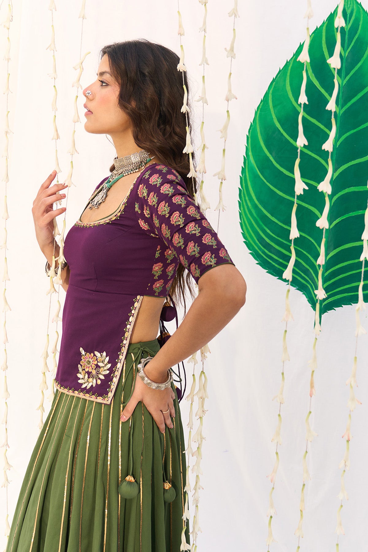 Jameela Olive Green Lehenga with Wine Choli and Dupatta (set of 3) - Ready to ship