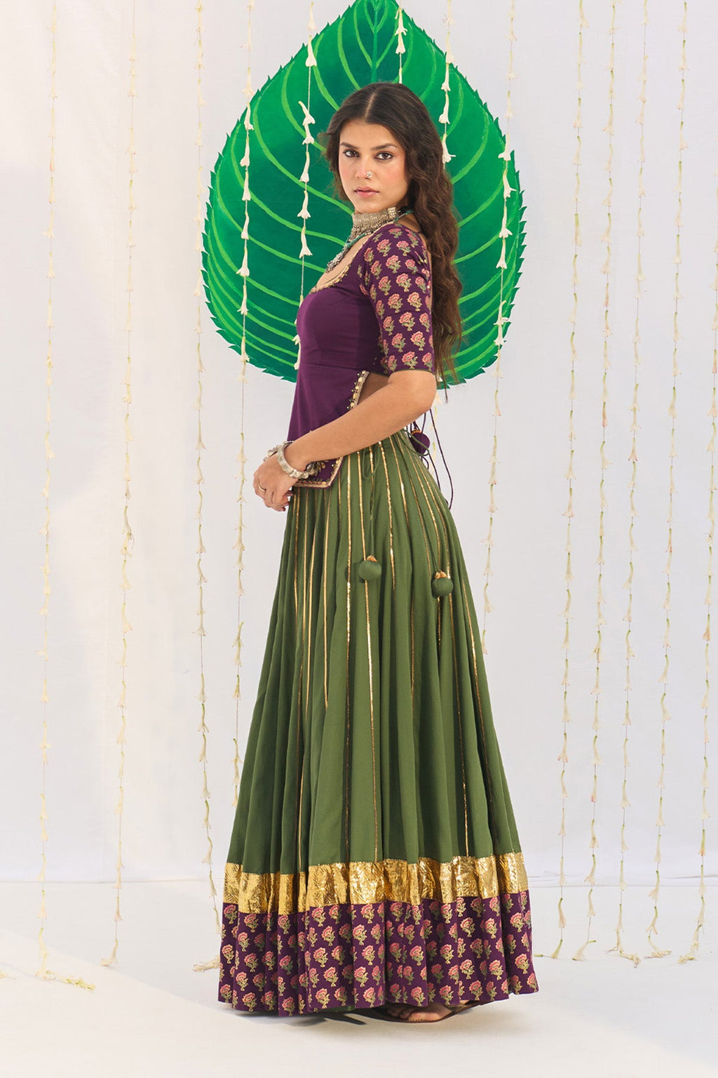 Jameela Olive Green Lehenga with Wine Choli and Dupatta (set of 3) - Ready to ship