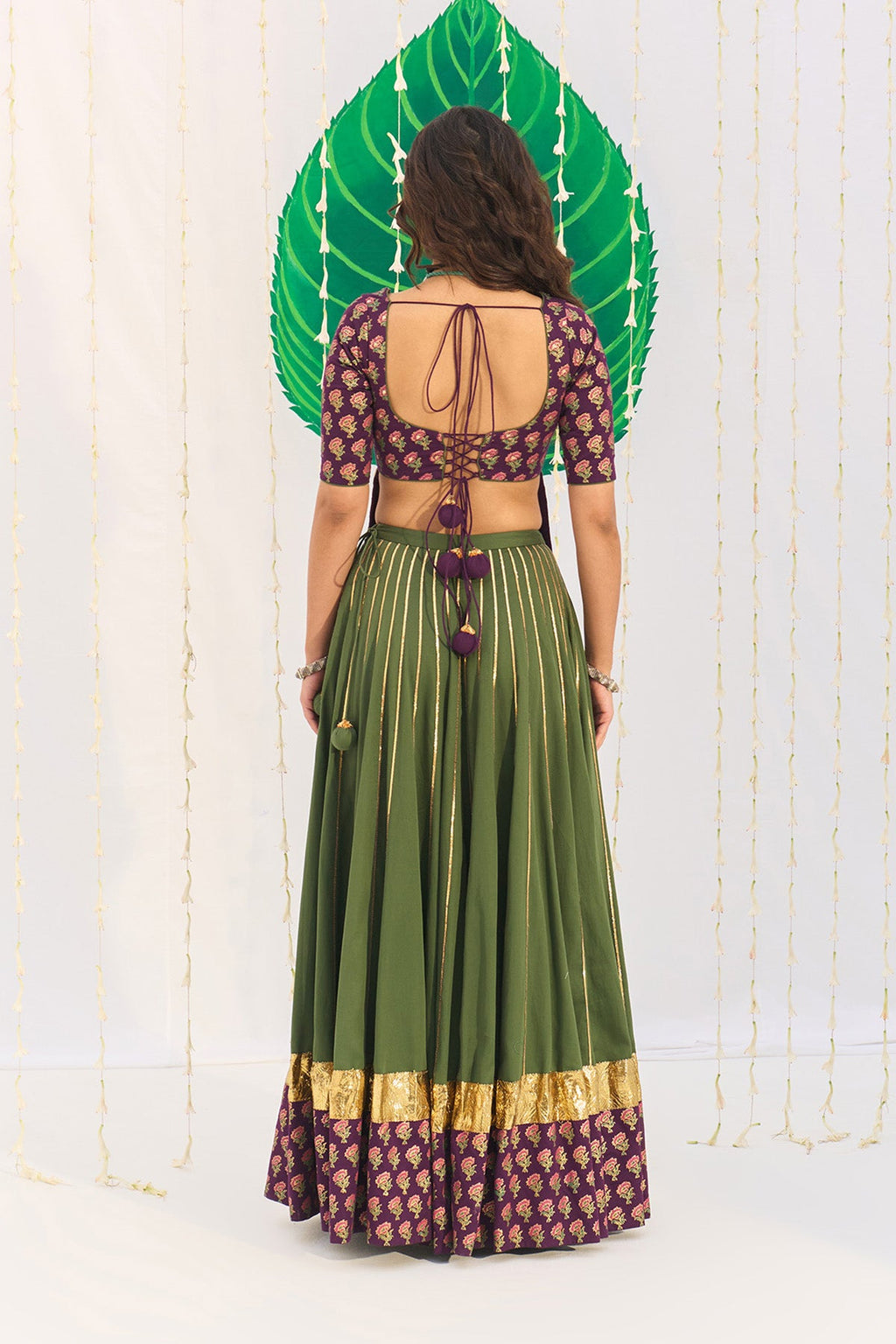 Jameela Olive Green Lehenga with Wine Choli and Dupatta (set of 3) - Ready to ship