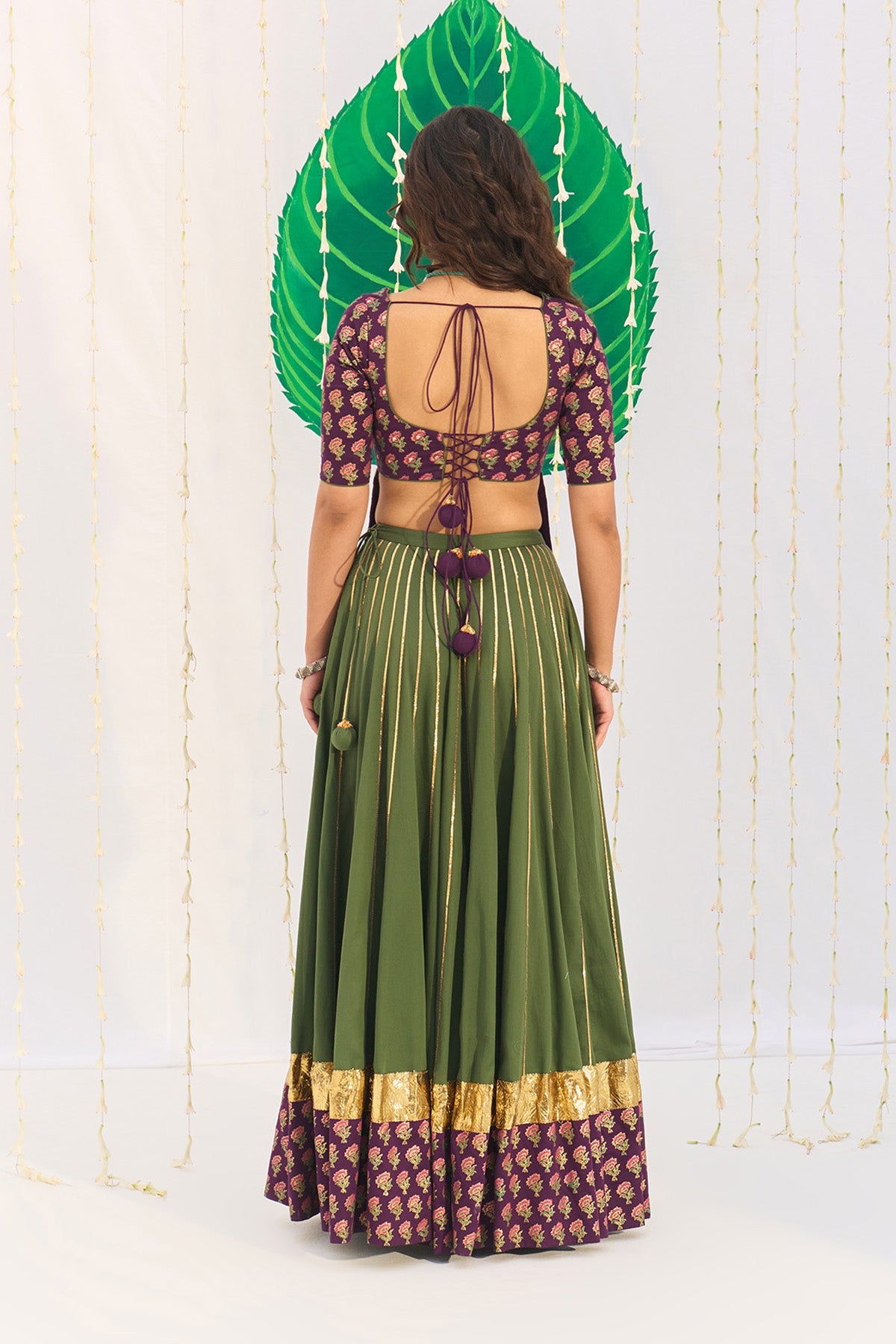 Jameela Olive Green Lehenga with Wine Choli and Dupatta (set of 3) - Ready to ship