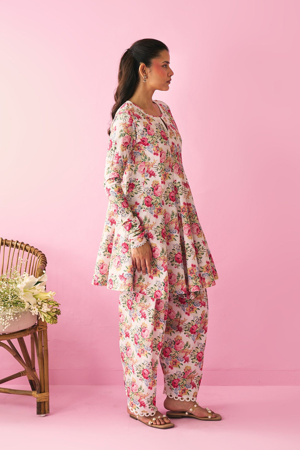 Summer Essentials 26 Kora Multi Flower Printed Off White Short Anarkali With Farshi Salwar And Dupatta ( Set Of 3 ) - Ready to ship