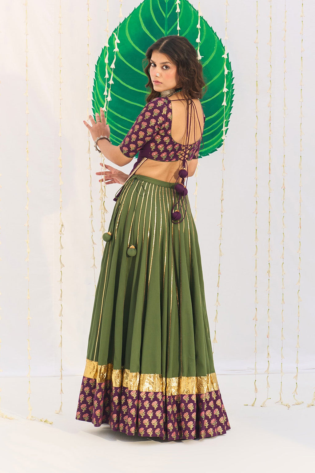Jameela Olive Green Lehenga with Wine Choli and Dupatta (set of 3) - Ready to ship