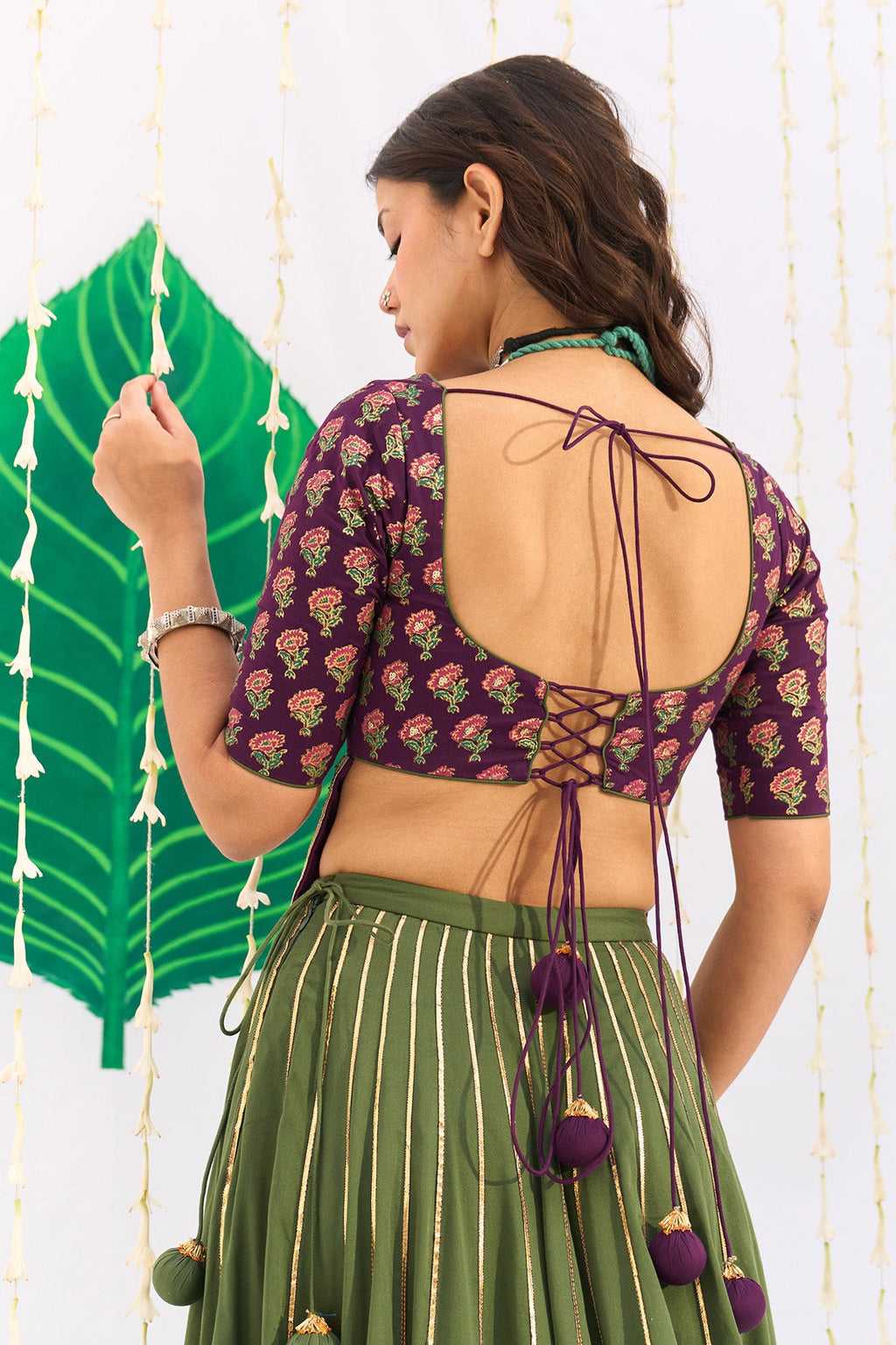 Jameela Olive Green Lehenga with Wine Choli and Dupatta (set of 3) - Ready to ship
