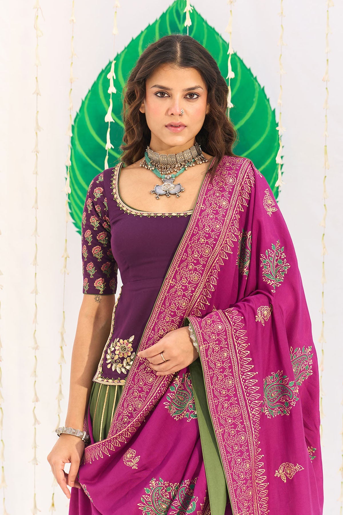 Jameela Olive Green Lehenga with Wine Choli and Dupatta (set of 3) - Ready to ship