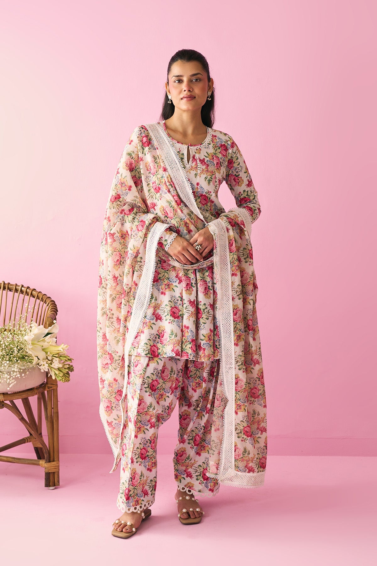 Summer Essentials 26 Kora Multi Flower Printed Off White Short Anarkali With Farshi Salwar And Dupatta ( Set Of 3 ) - Ready to ship
