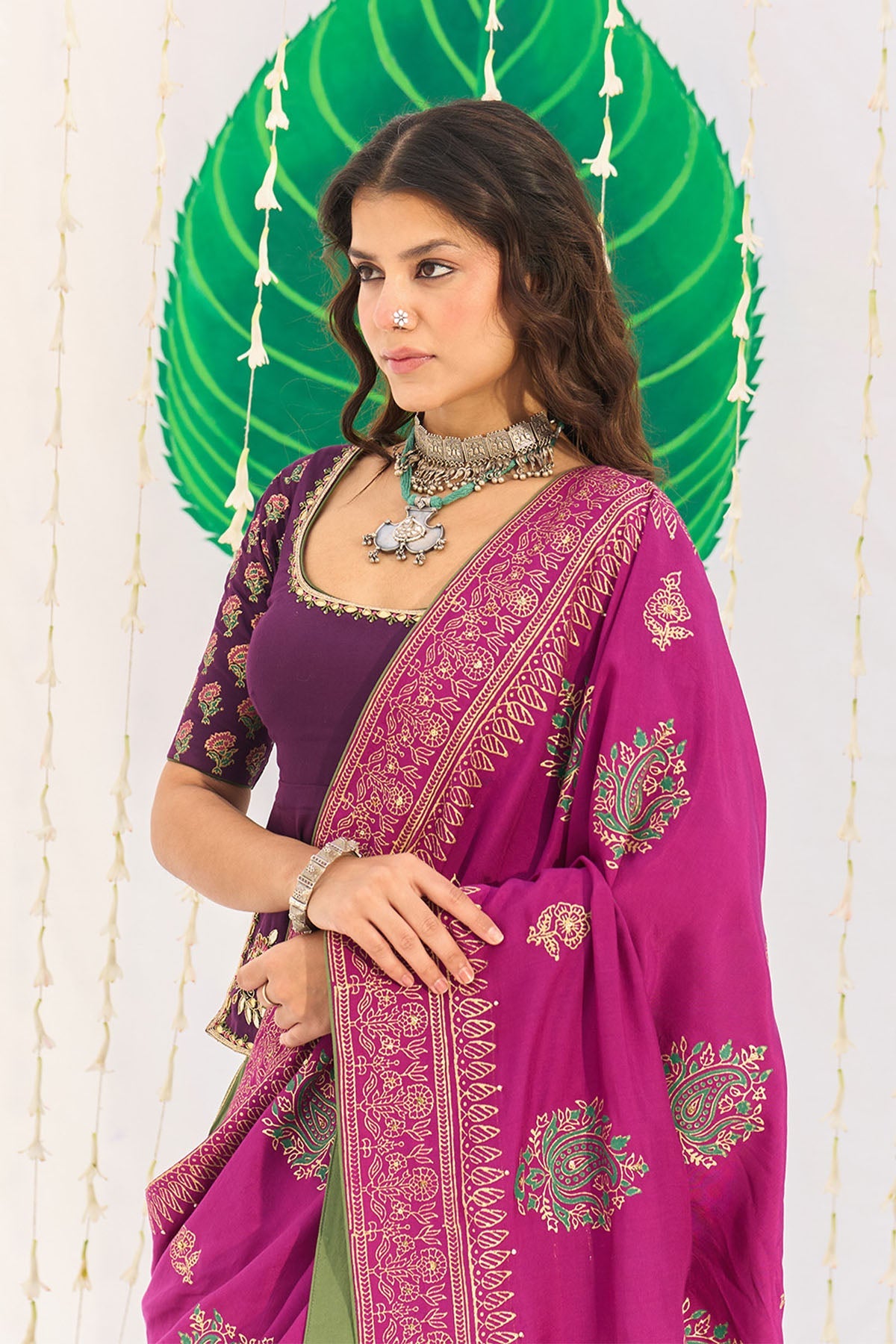 Jameela Olive Green Lehenga with Wine Choli and Dupatta (set of 3) - Ready to ship