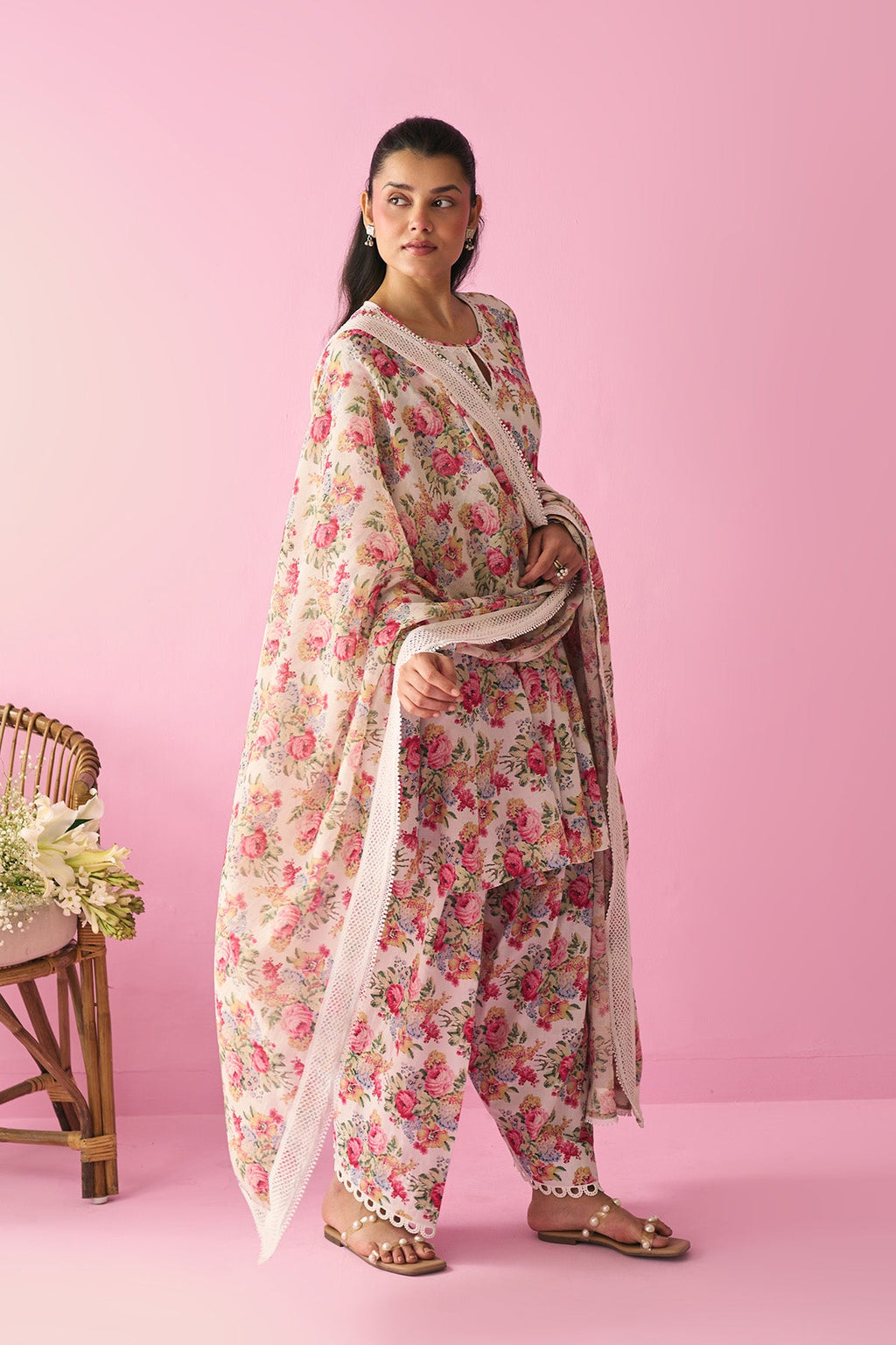 Summer Essentials 26 Kora Multi Flower Printed Off White Short Anarkali With Farshi Salwar And Dupatta ( Set Of 3 ) - Ready to ship