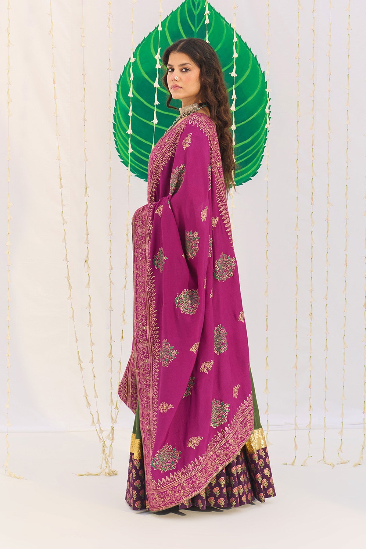Jameela Olive Green Lehenga with Wine Choli and Dupatta (set of 3) - Ready to ship