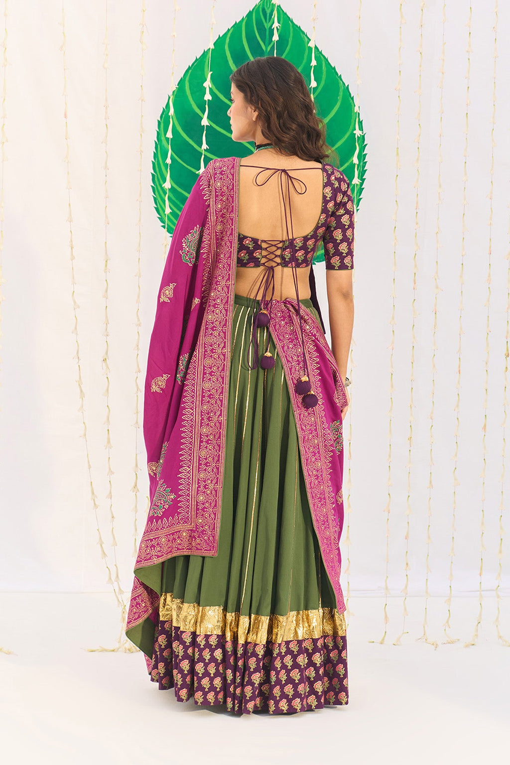 Jameela Olive Green Lehenga with Wine Choli and Dupatta (set of 3) - Ready to ship