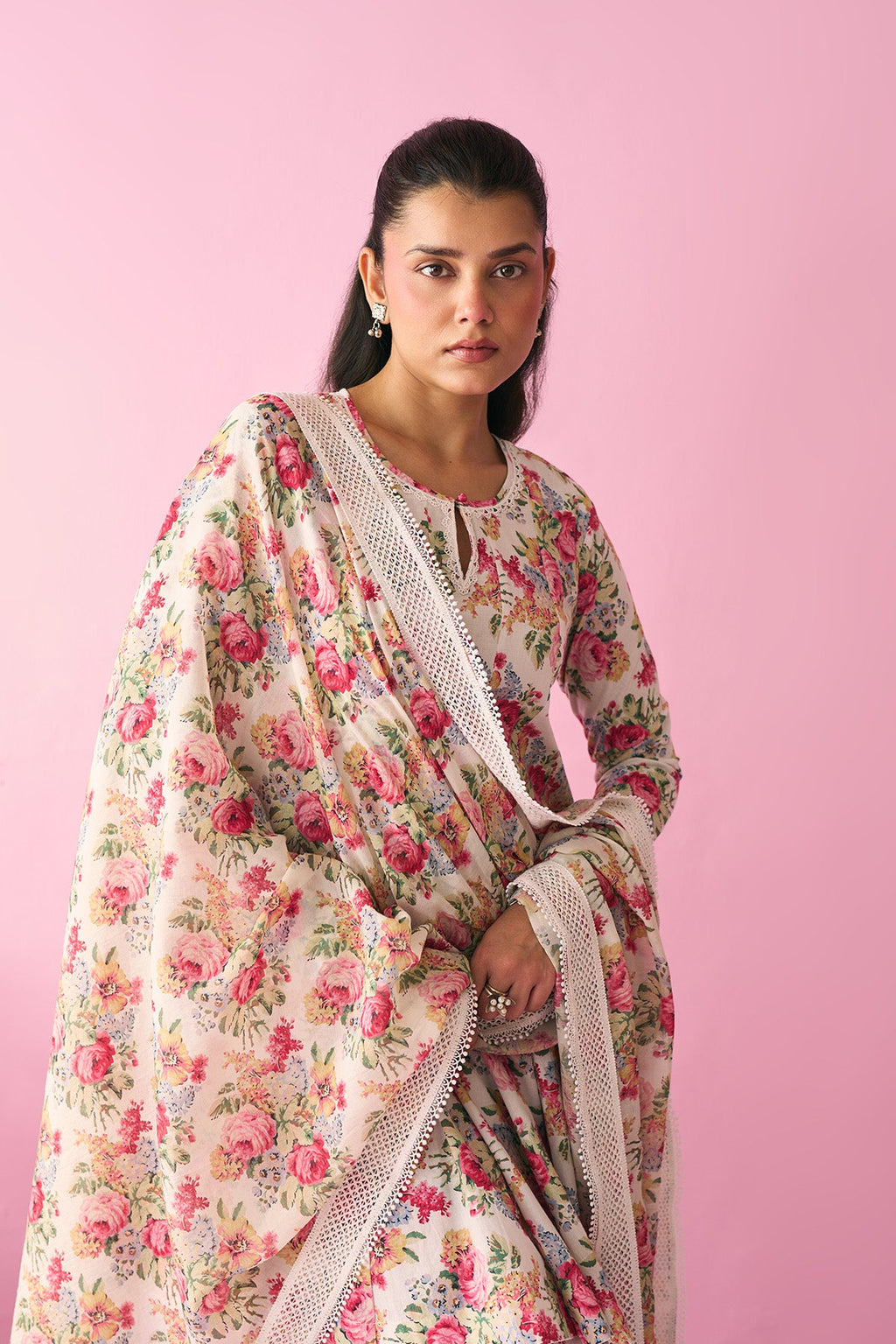 Summer Essentials 26 Kora Multi Flower Printed Off White Short Anarkali With Farshi Salwar And Dupatta ( Set Of 3 ) - Ready to ship