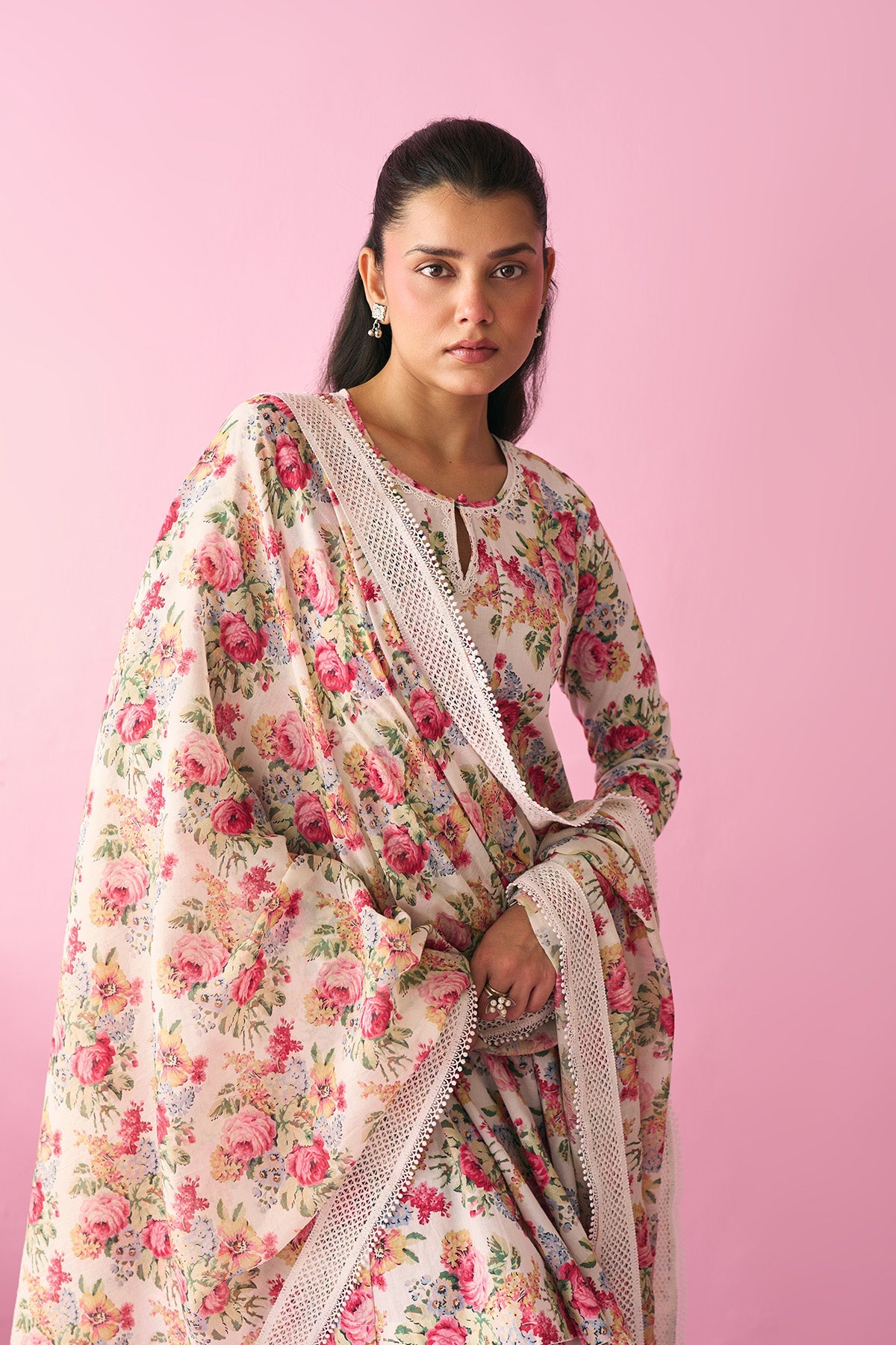 Summer Essentials 26 Kora Multi Flower Printed Off White Short Anarkali With Farshi Salwar And Dupatta ( Set Of 3 ) - Ready to ship
