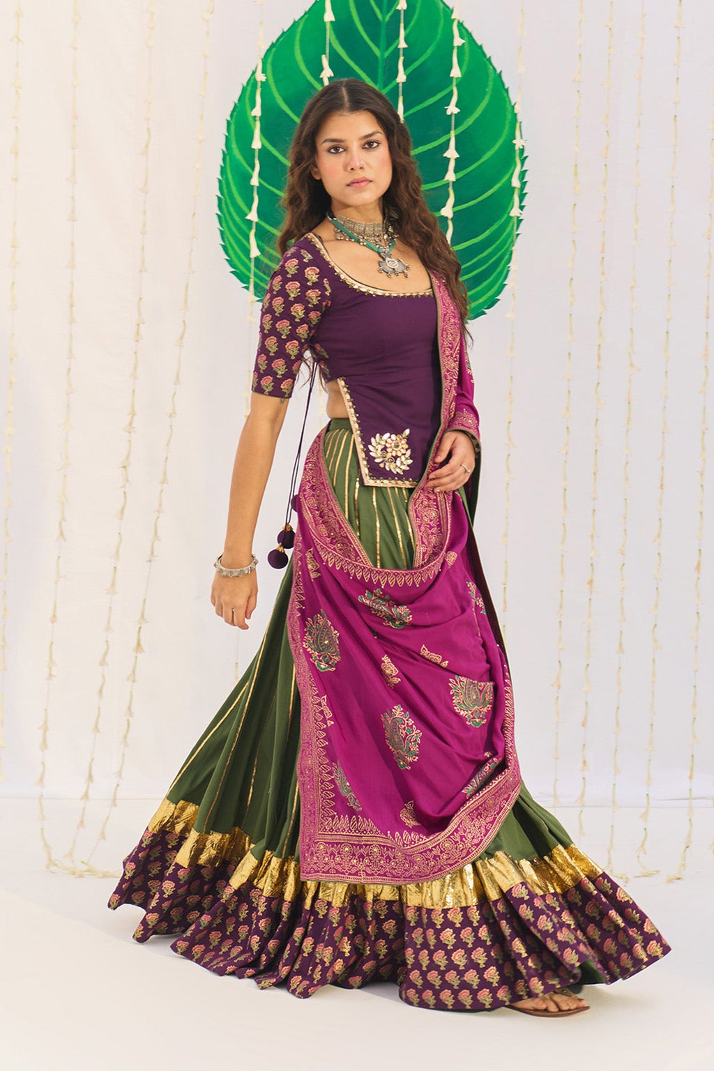 Jameela Olive Green Lehenga with Wine Choli and Dupatta (set of 3) - Ready to ship