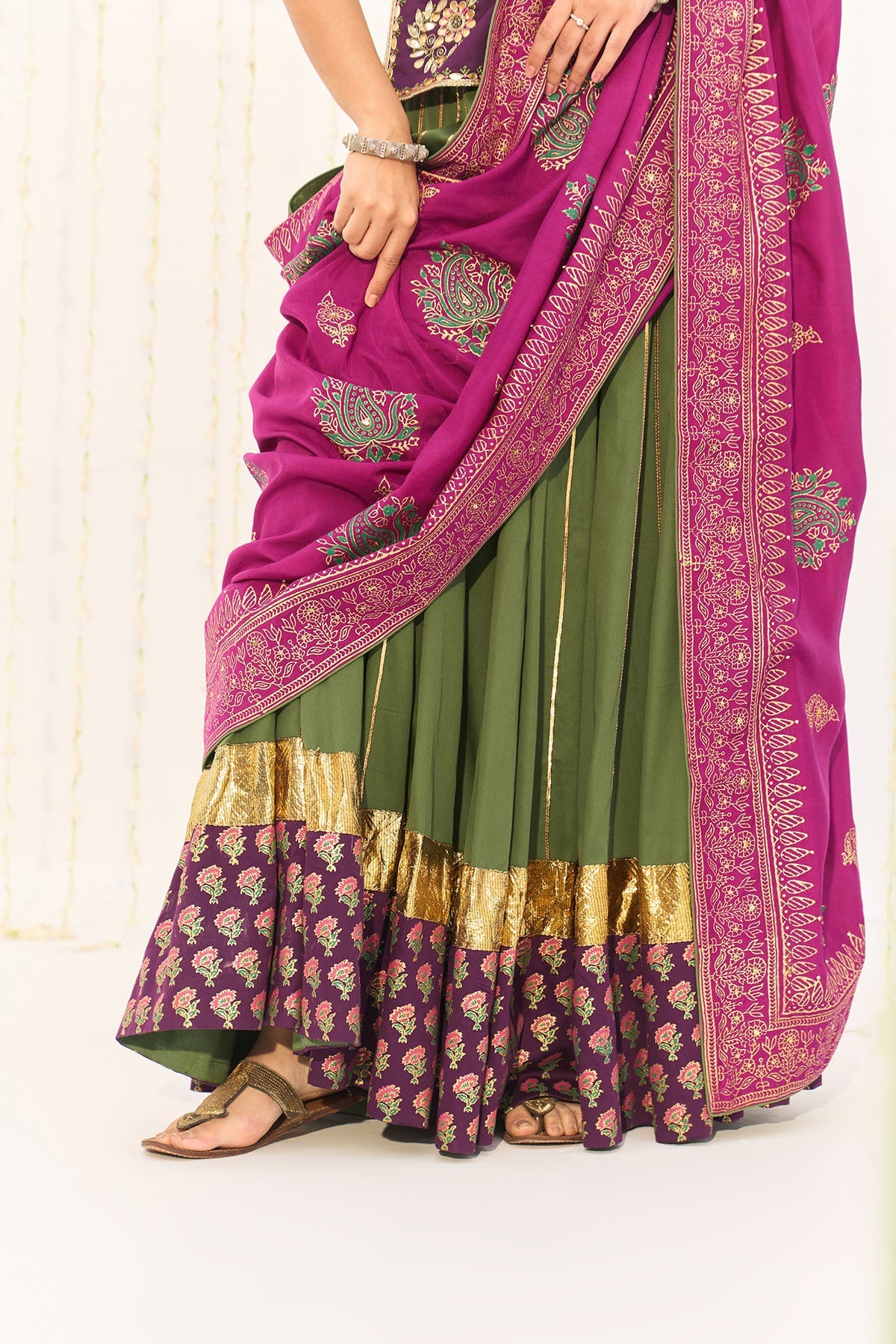 Jameela Olive Green Lehenga with Wine Choli and Dupatta (set of 3) - Ready to ship