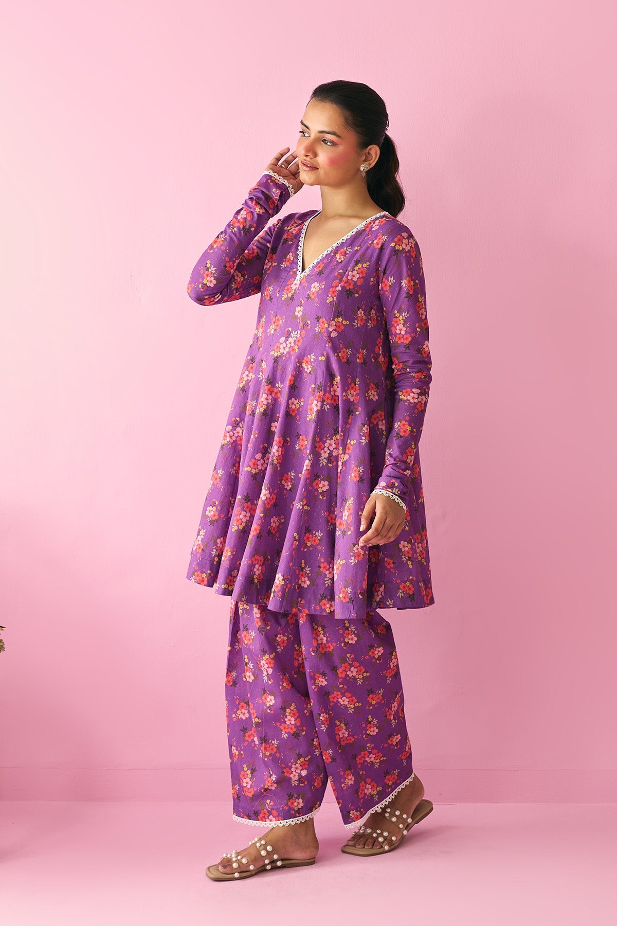 Summer Essentials 26 Purple Floral Short Anarkali With Farshi Salwar And Dupatta ( Set Of 3 ) - Ready to ship