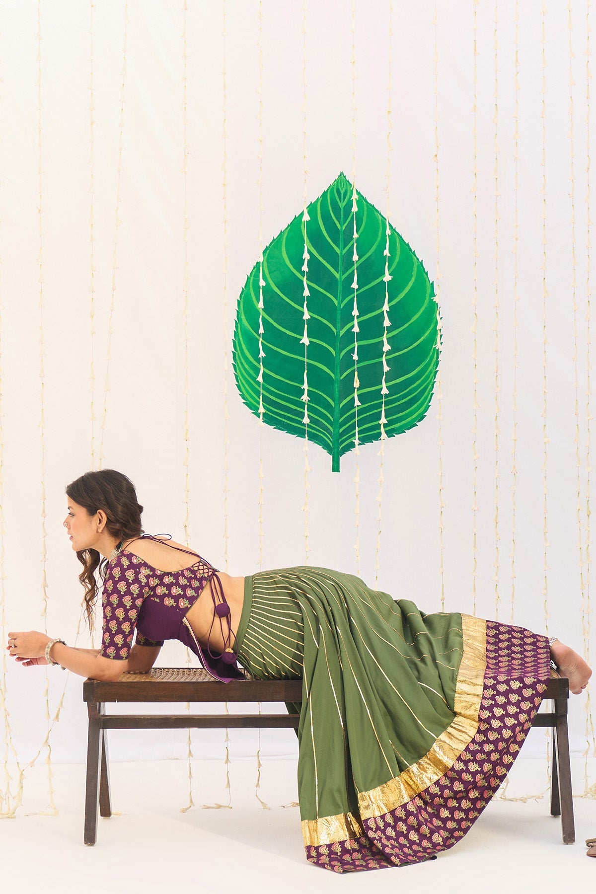 Jameela Olive Green Lehenga with Wine Choli and Dupatta (set of 3) - Ready to ship
