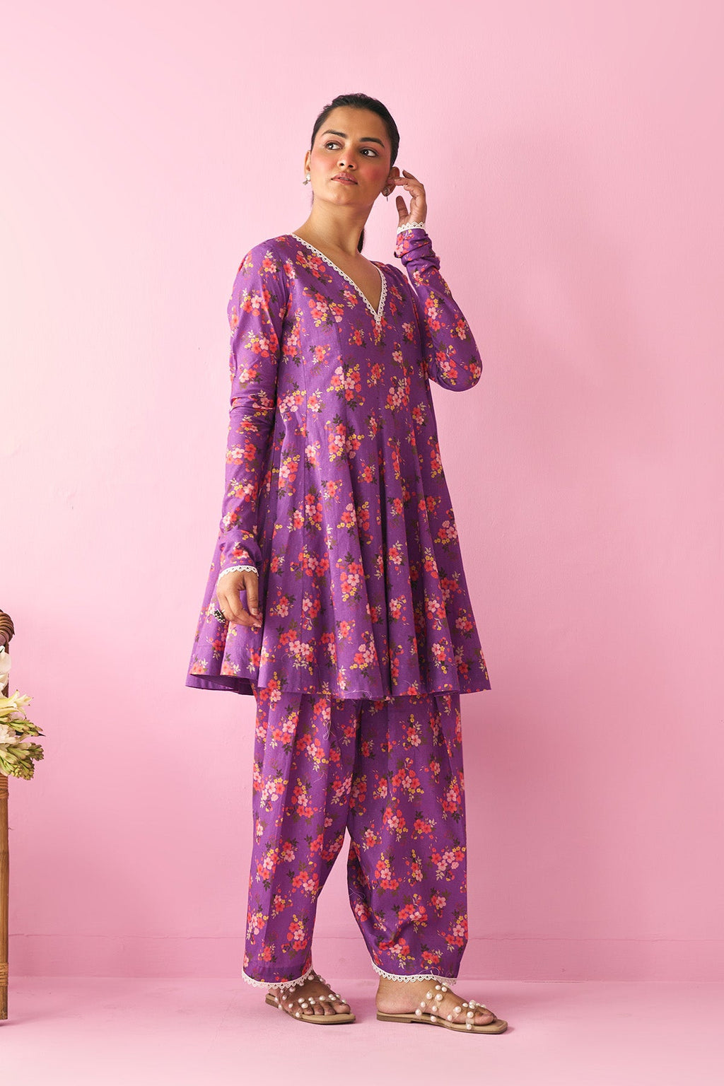 Summer Essentials 26 Purple Floral Short Anarkali With Farshi Salwar And Dupatta ( Set Of 3 ) - Ready to ship