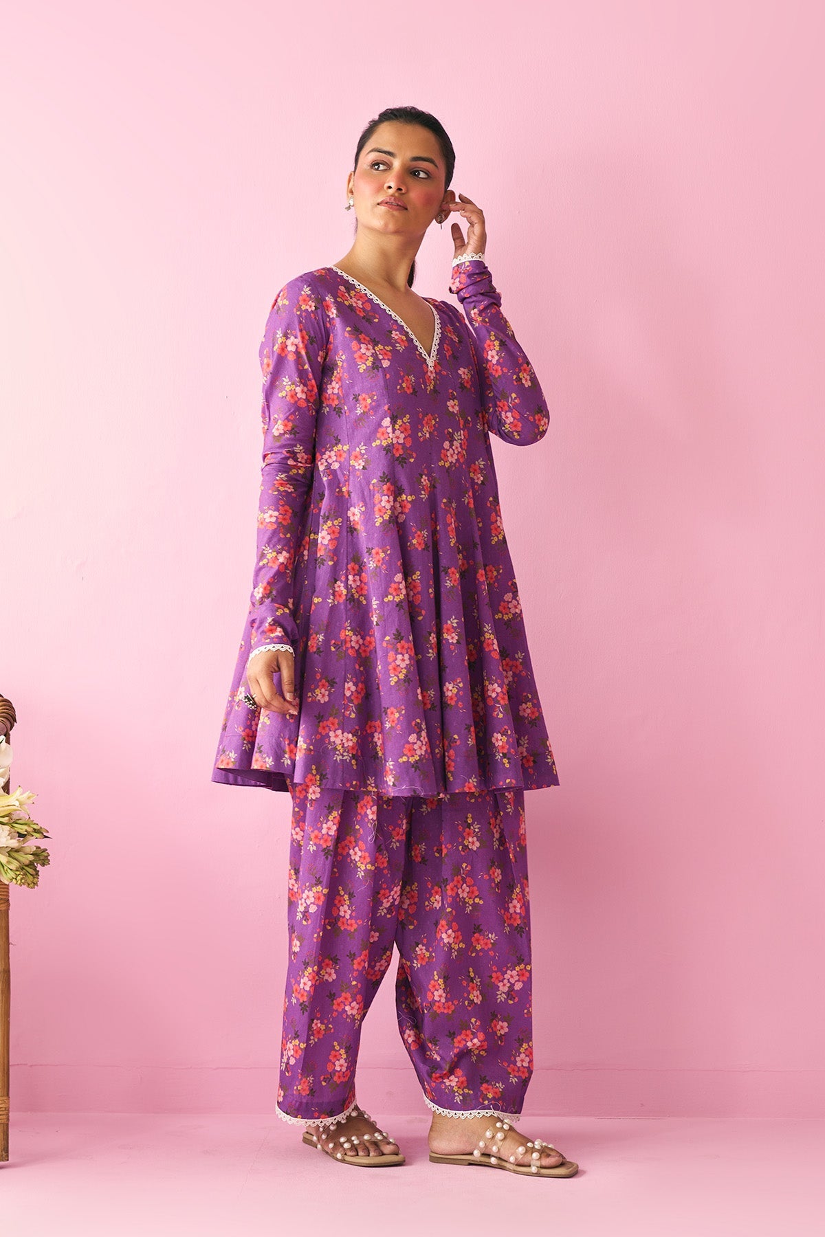 Summer Essentials 26 Purple Floral Short Anarkali With Farshi Salwar And Dupatta ( Set Of 3 ) - Ready to ship