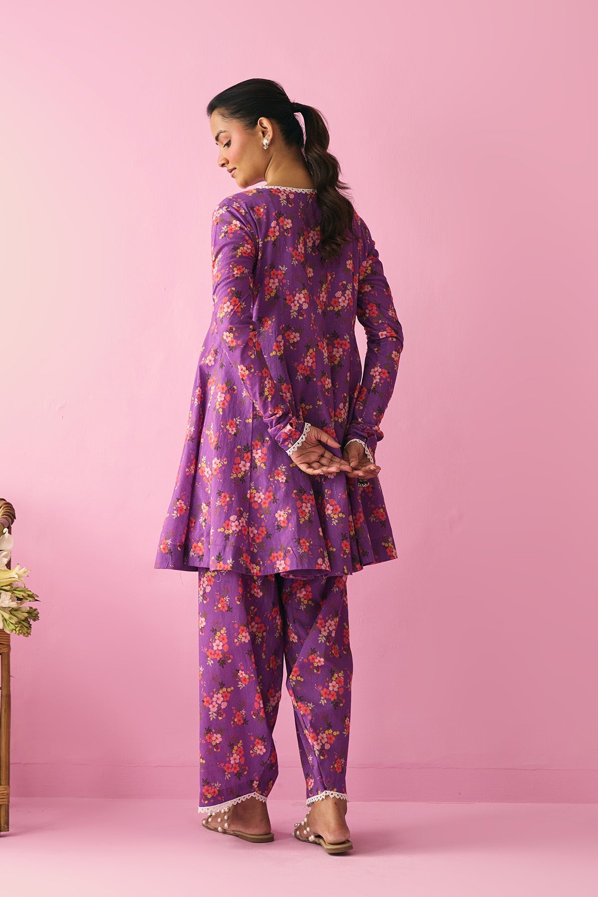 Summer Essentials 26 Purple Floral Short Anarkali With Farshi Salwar And Dupatta ( Set Of 3 ) - Ready to ship