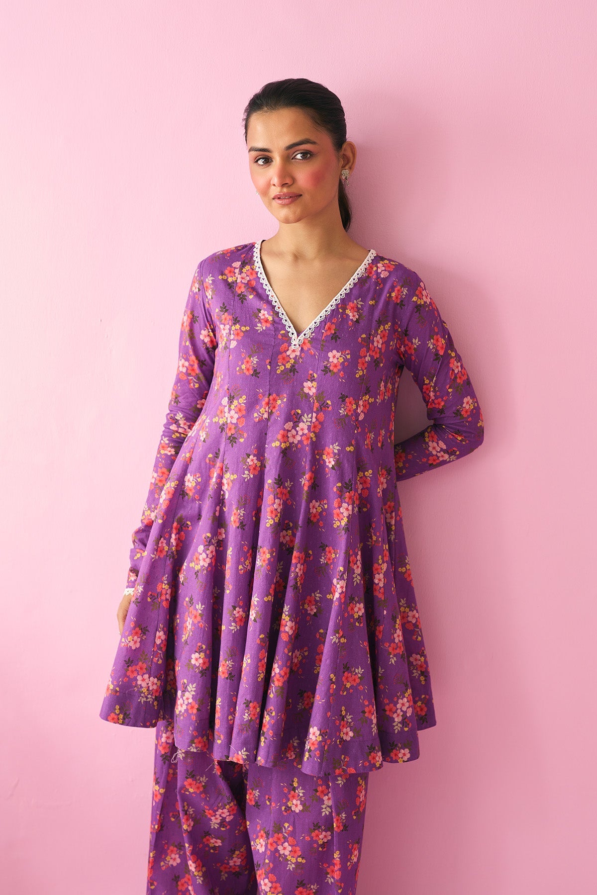 Summer Essentials 26 Purple Floral Short Anarkali With Farshi Salwar And Dupatta ( Set Of 3 ) - Ready to ship